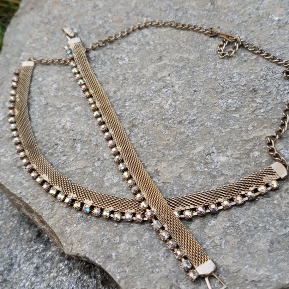 Vtg Golden Mesh AB Rhinestone Necklace Bracelet - Picture 2 of 8